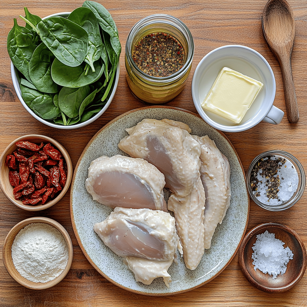 Overhead view of chicken fillets, spinach, sun-dried tomatoes, cream, parmesan, and garlic on a wooden counter.
