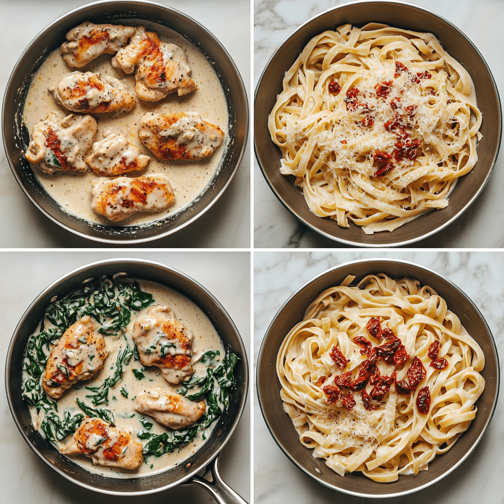 Four-photo collage showing seared chicken, whisked cream sauce, spinach and sun-dried tomatoes in the skillet, and the finished Tuscan chicken over pasta.