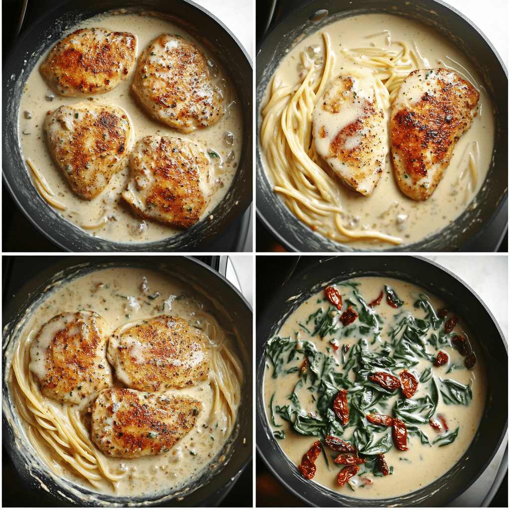 Four-panel collage showing searing chicken, whisking cream sauce, adding spinach and sun dried tomatoes, and finishing chicken in sauce