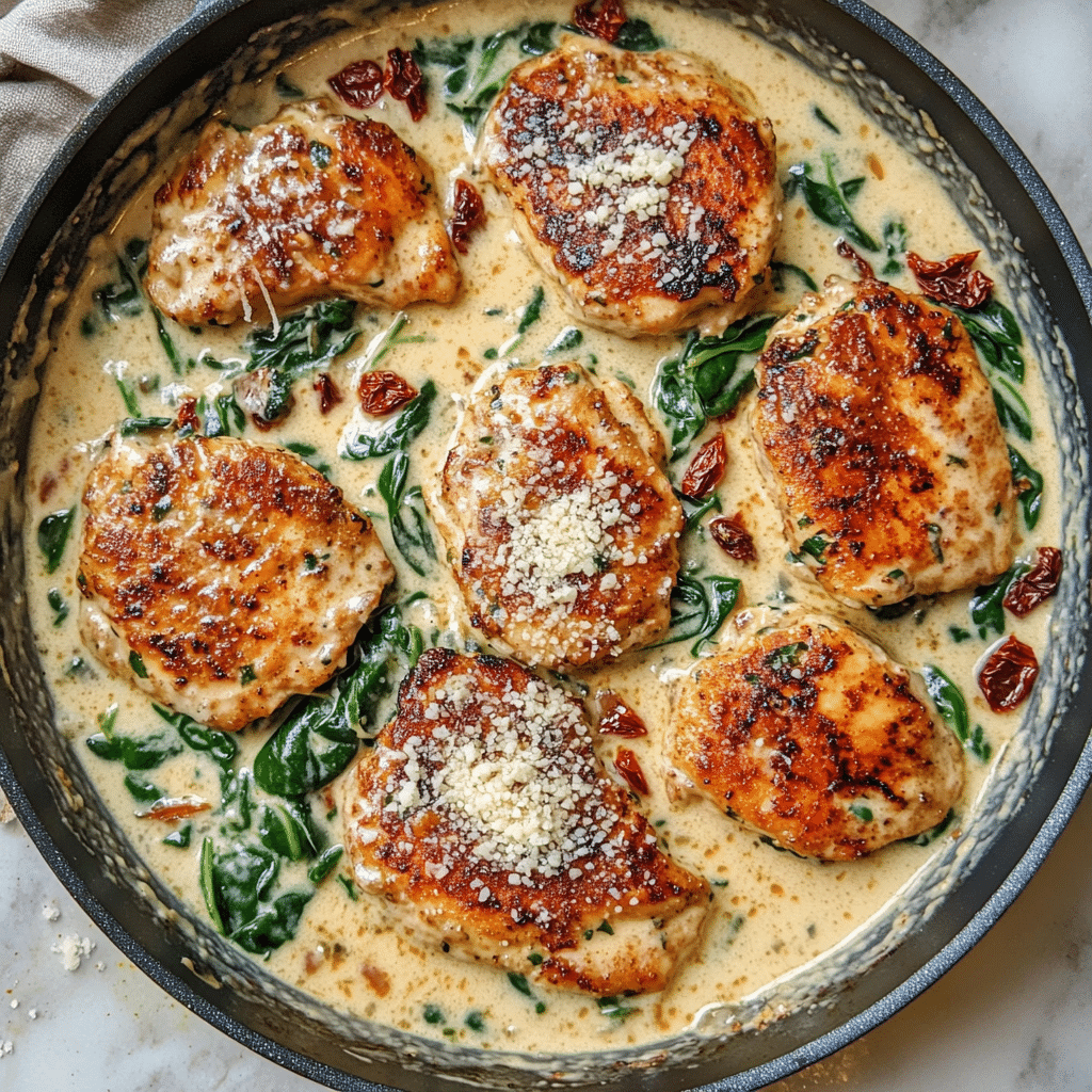 Creamy Tuscan garlic chicken cutlets in a skillet with spinach and sun dried tomatoes