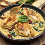 Skillet filled with creamy Tuscan garlic chicken, spinach, and sun-dried tomatoes on a wooden table.