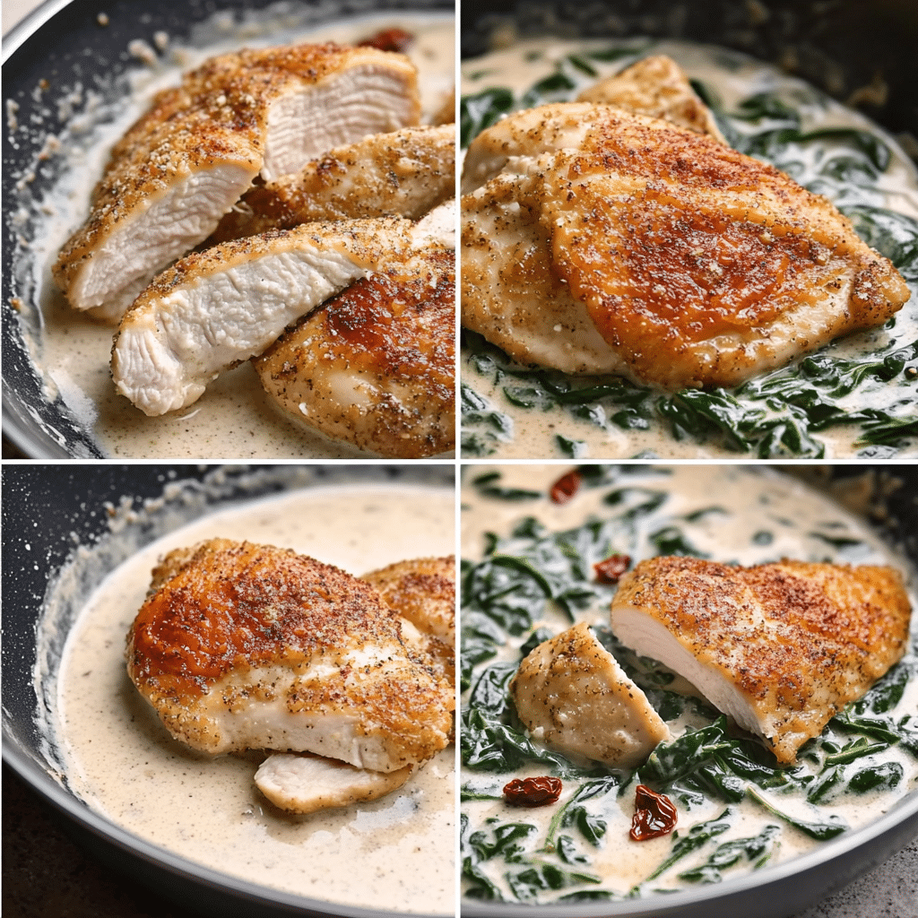 Four-photo collage showing dredging chicken, searing in skillet, making creamy sauce, and finished Tuscan chicken.