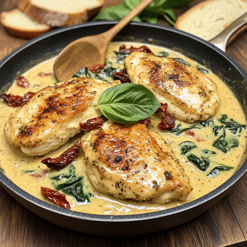 Skillet filled with creamy Tuscan garlic chicken, spinach, and sun-dried tomatoes on a wooden table.