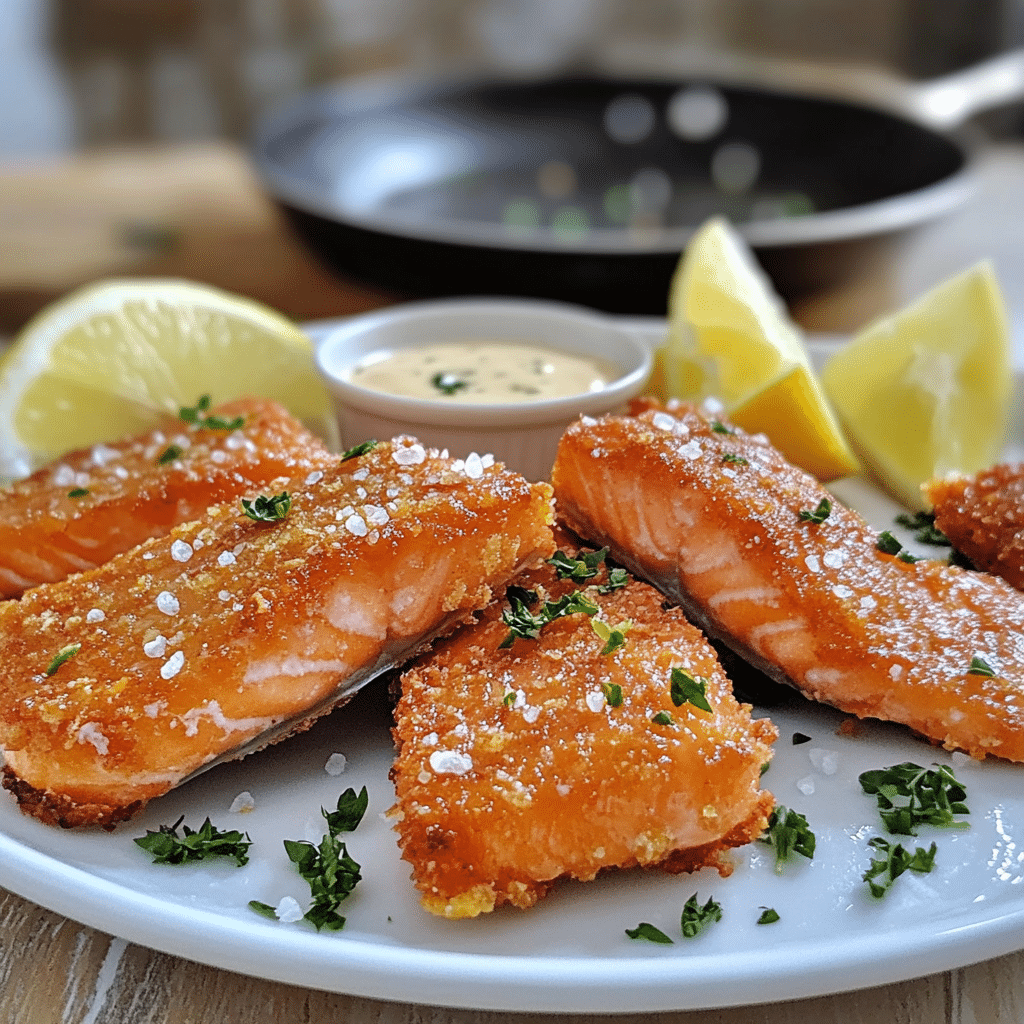 Crispy pan-fried salmon with lemon wedges and herbs on a plate