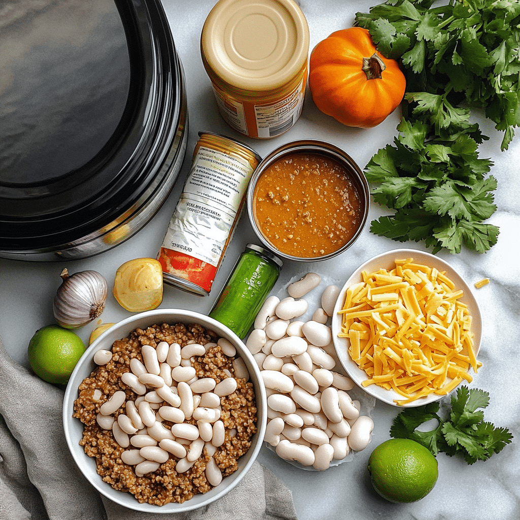 Ingredients for turkey white bean pumpkin chili including ground turkey, white beans, pumpkin puree, broth, and spices.