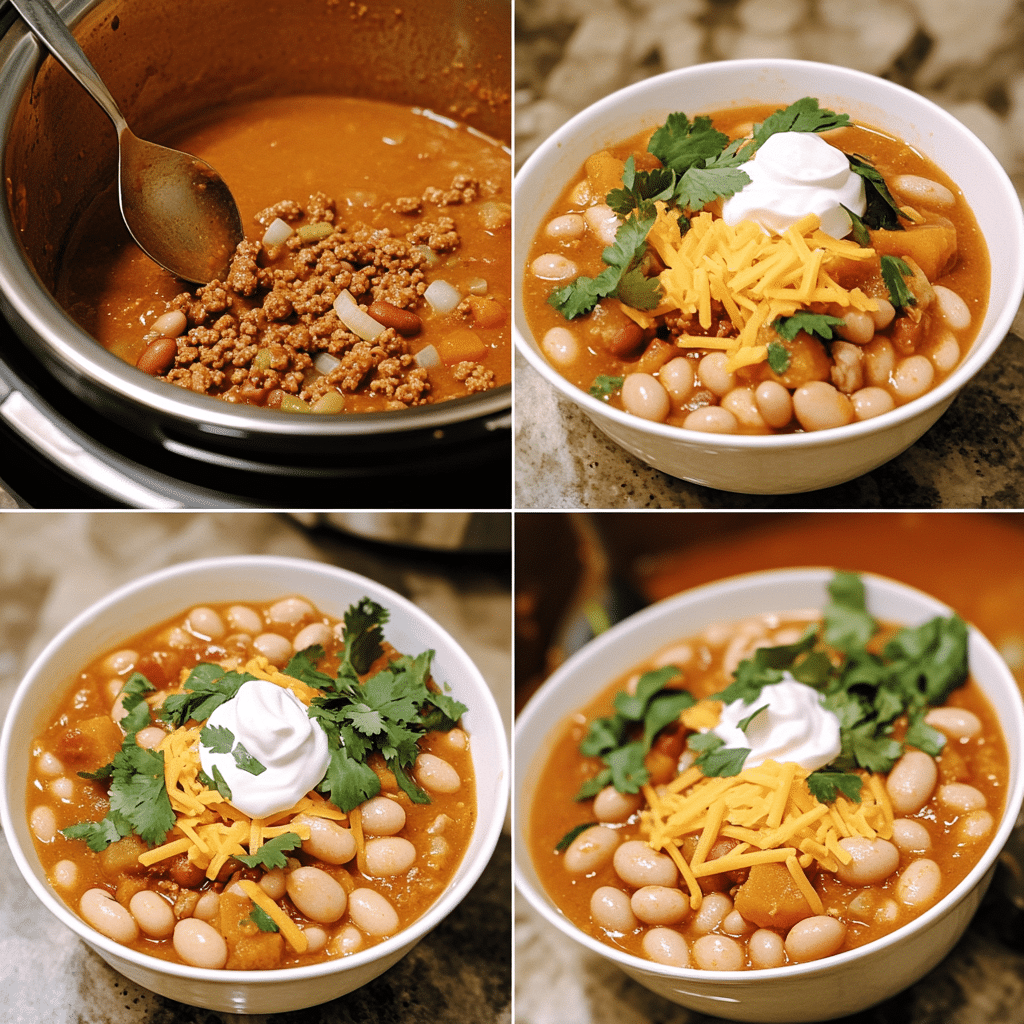Four-step collage of browning turkey, filling a slow cooker, stirring chili, and serving with toppings.