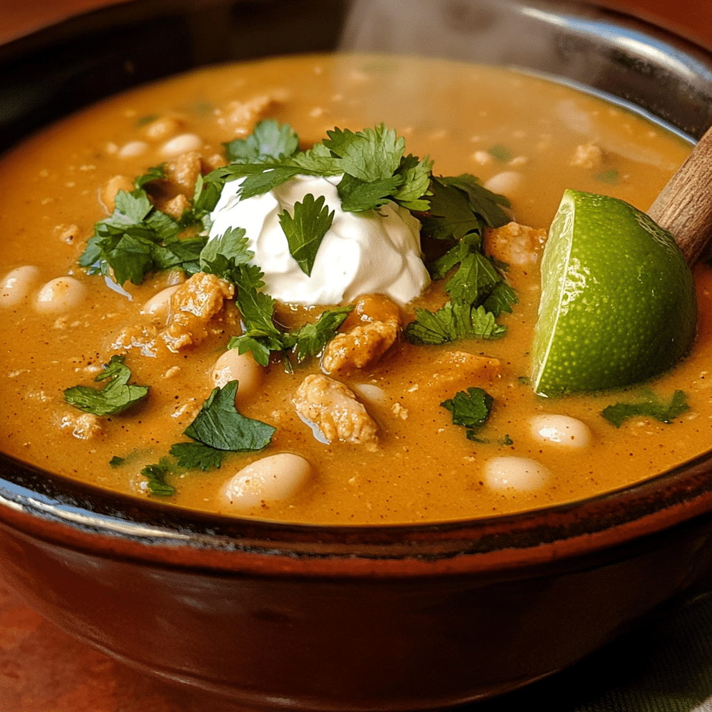 Bowl of crock pot turkey white bean pumpkin chili topped with cilantro and sour cream.