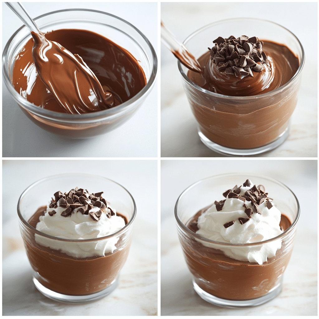 Four-panel collage showing making ganache, whipping cream, folding mousse, and filling serving glasses