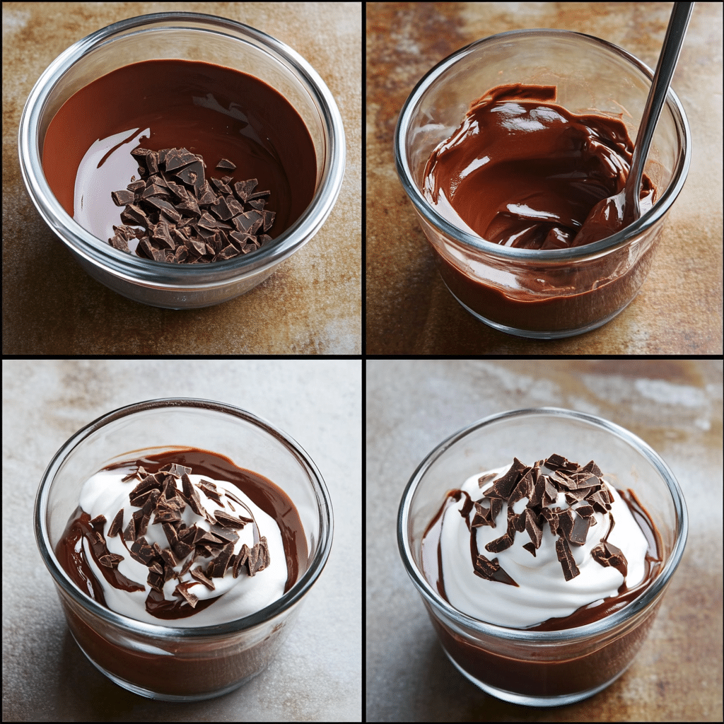 Four-panel collage showing melting chocolate, whipping cream, folding together, and serving mousse in cups