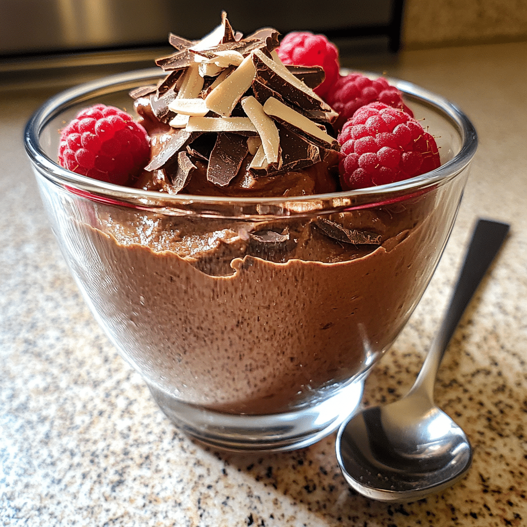Chocolate mousse in a glass topped with chocolate shavings and raspberries
