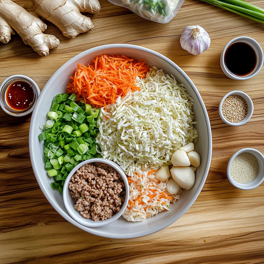 Overhead view of ground meat, coleslaw mix, sauces, garlic, ginger, green onions, and sesame seeds on a wooden counter.