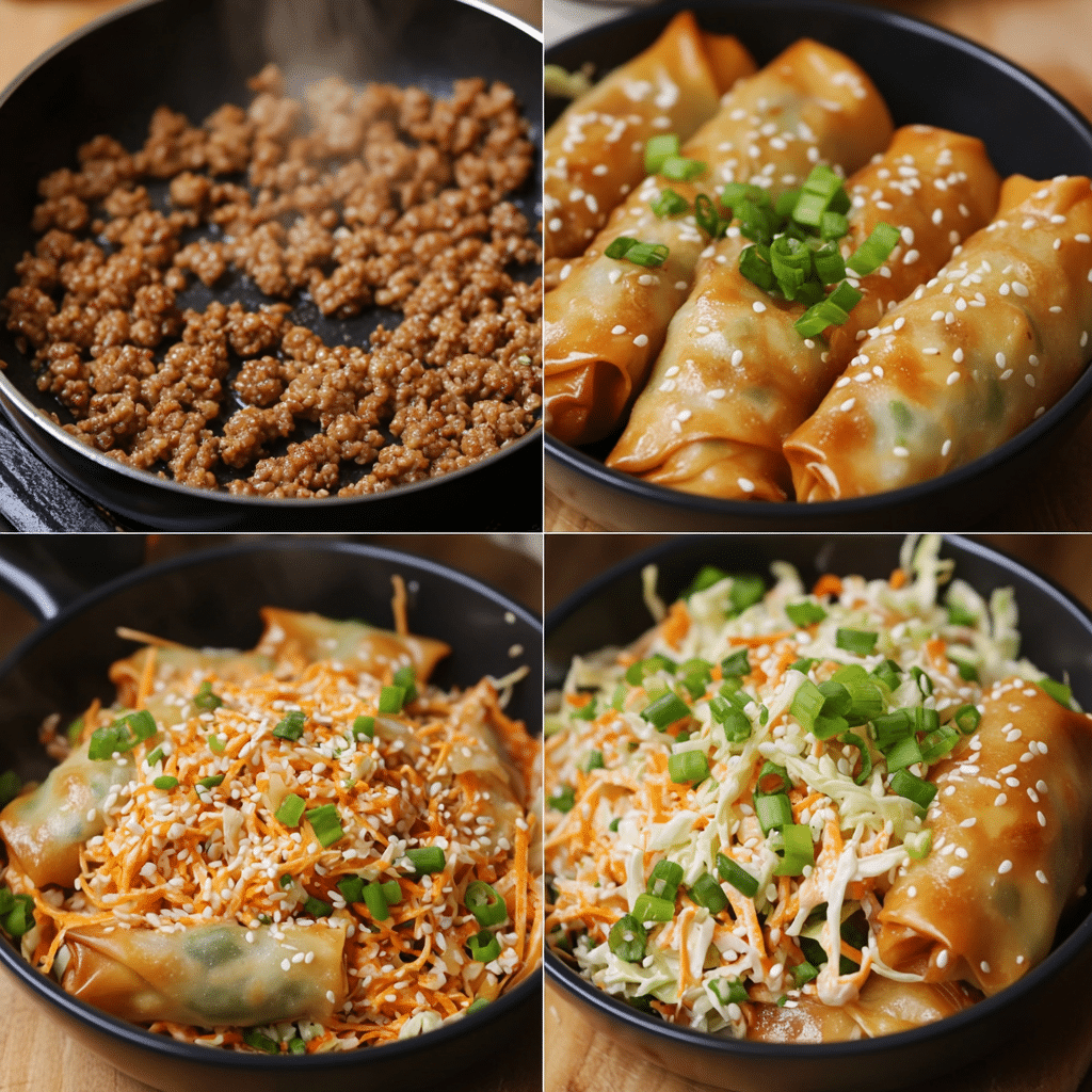 Four-photo collage of browning ground meat, cooking garlic and ginger, adding cabbage, and finished egg roll in a bowl.