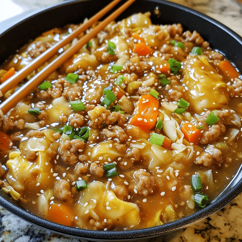Ingredients for egg roll in a bowl including ground turkey, coleslaw mix, soy sauce, hoisin, sesame oil, garlic, ginger, and green onions