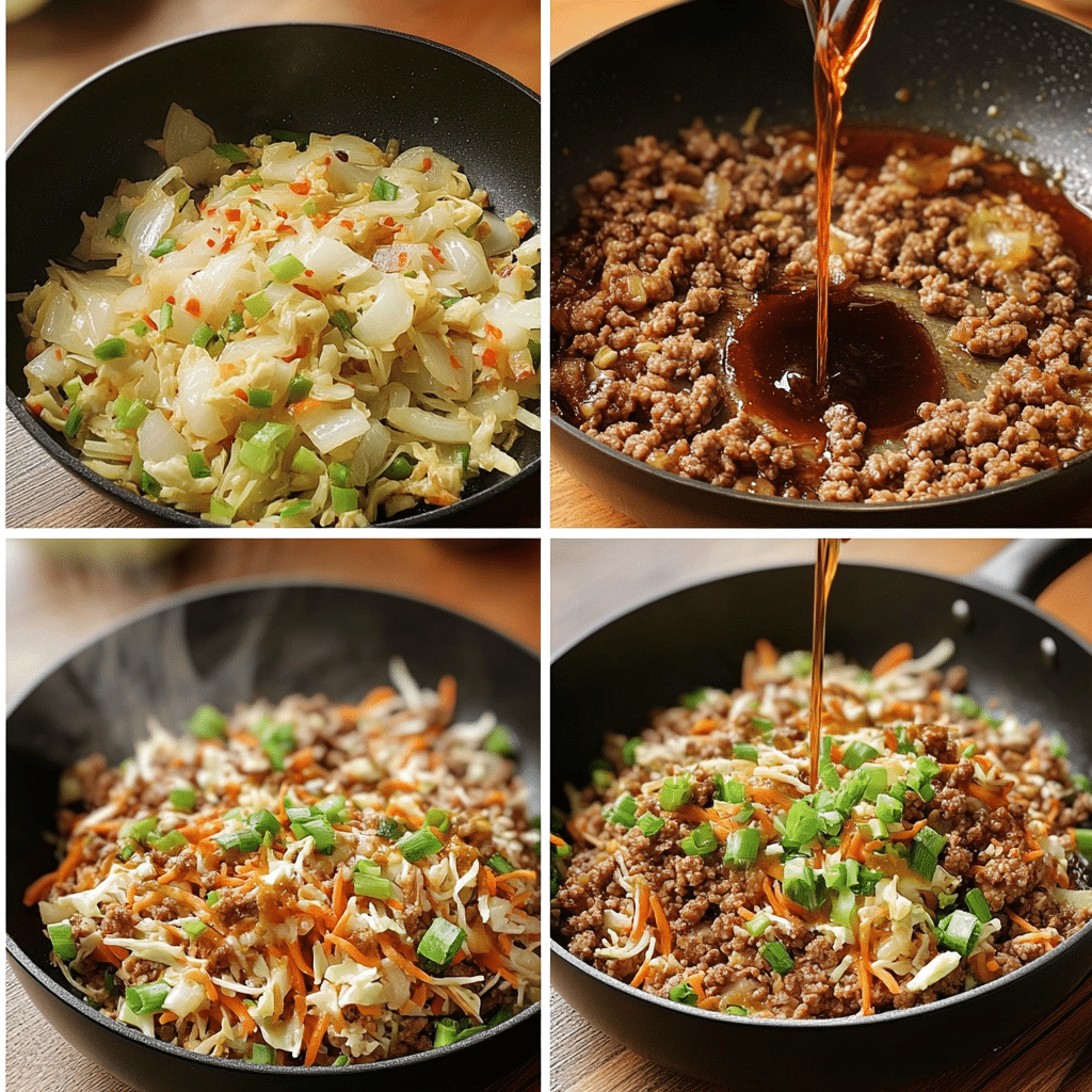 Egg roll in a bowl made with ground meat, cabbage mix, and sauce topped with green onions in a skillet