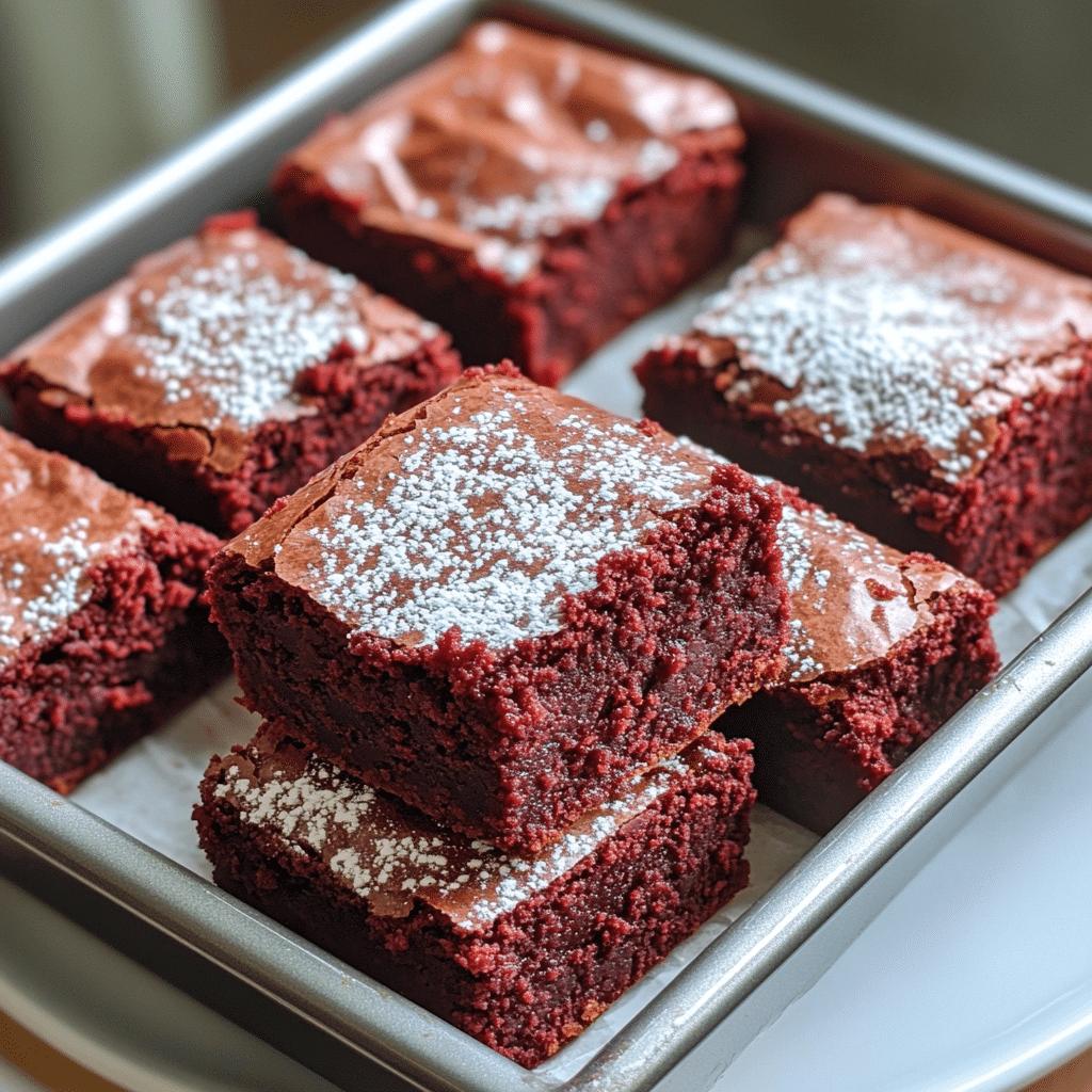 Red velvet brownies in a pan with shiny crackly tops and a few squares stacked on a plate