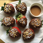Overhead view of glossy chocolate covered strawberries with white chocolate drizzle and sprinkles on parchment