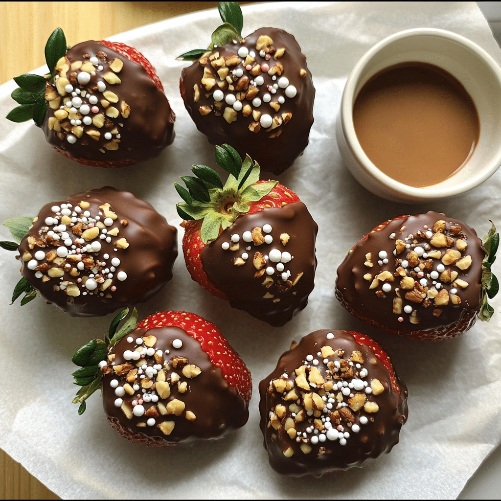 Overhead view of glossy chocolate covered strawberries with white chocolate drizzle and sprinkles on parchment