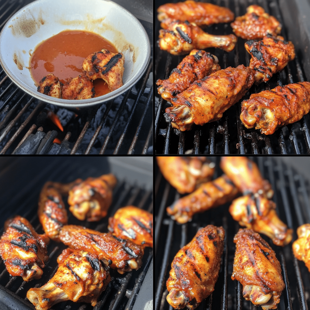 Four-panel collage of grilled chicken wings: seasoning, indirect grilling, direct charring, and saucing.