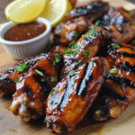 Platter of grilled chicken wings with charred edges and dipping sauce.