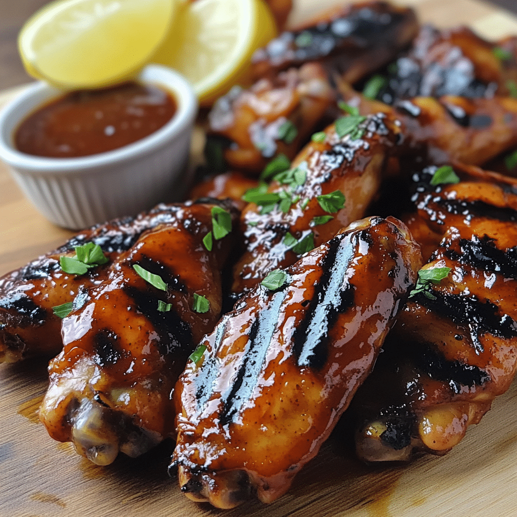 Platter of grilled chicken wings with charred edges and dipping sauce.