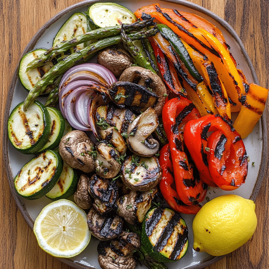 Platter of grilled vegetables with char marks, herbs, and lemon