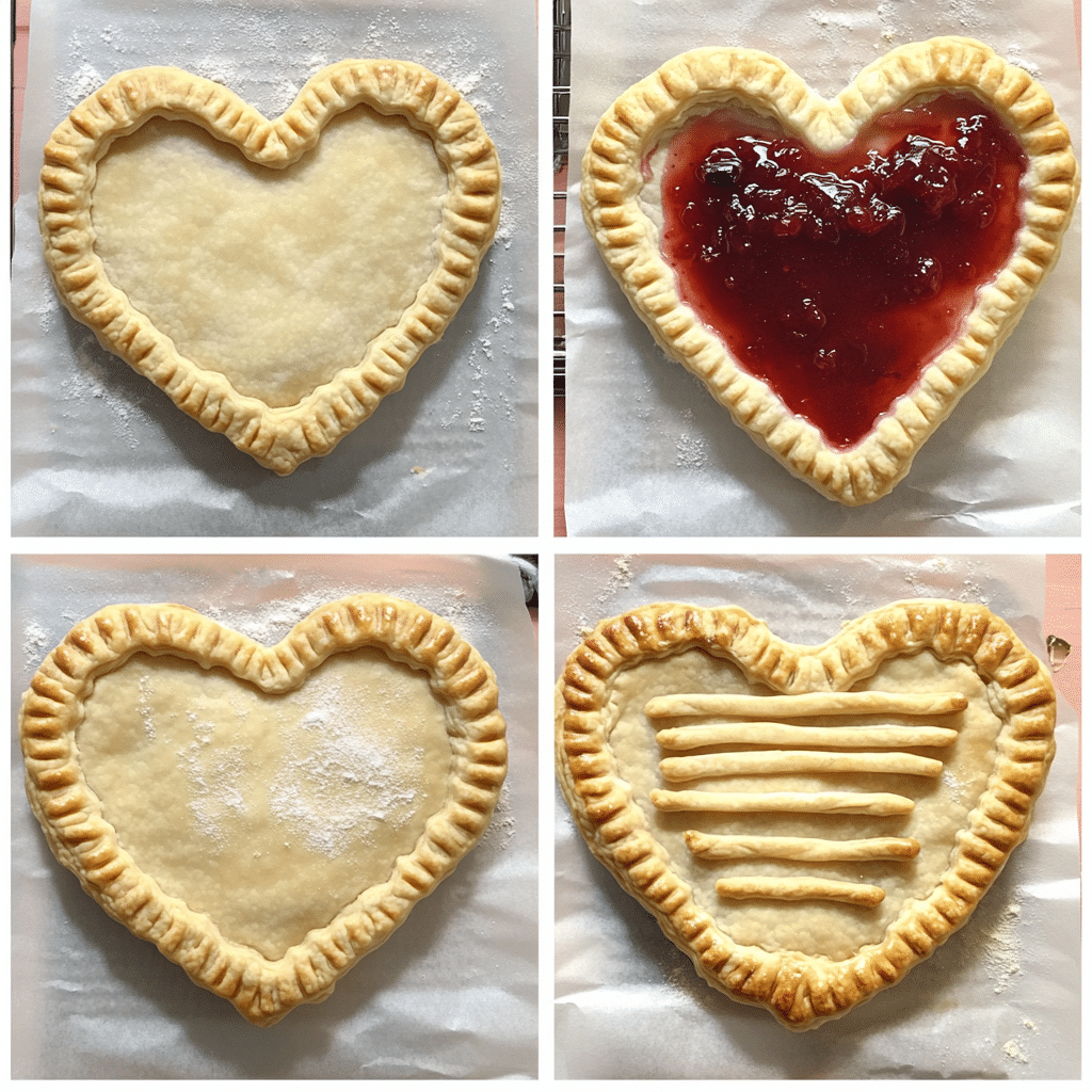 Four-panel collage showing cutting hearts, adding jam, crimping edges, and baked heart shaped hand pies