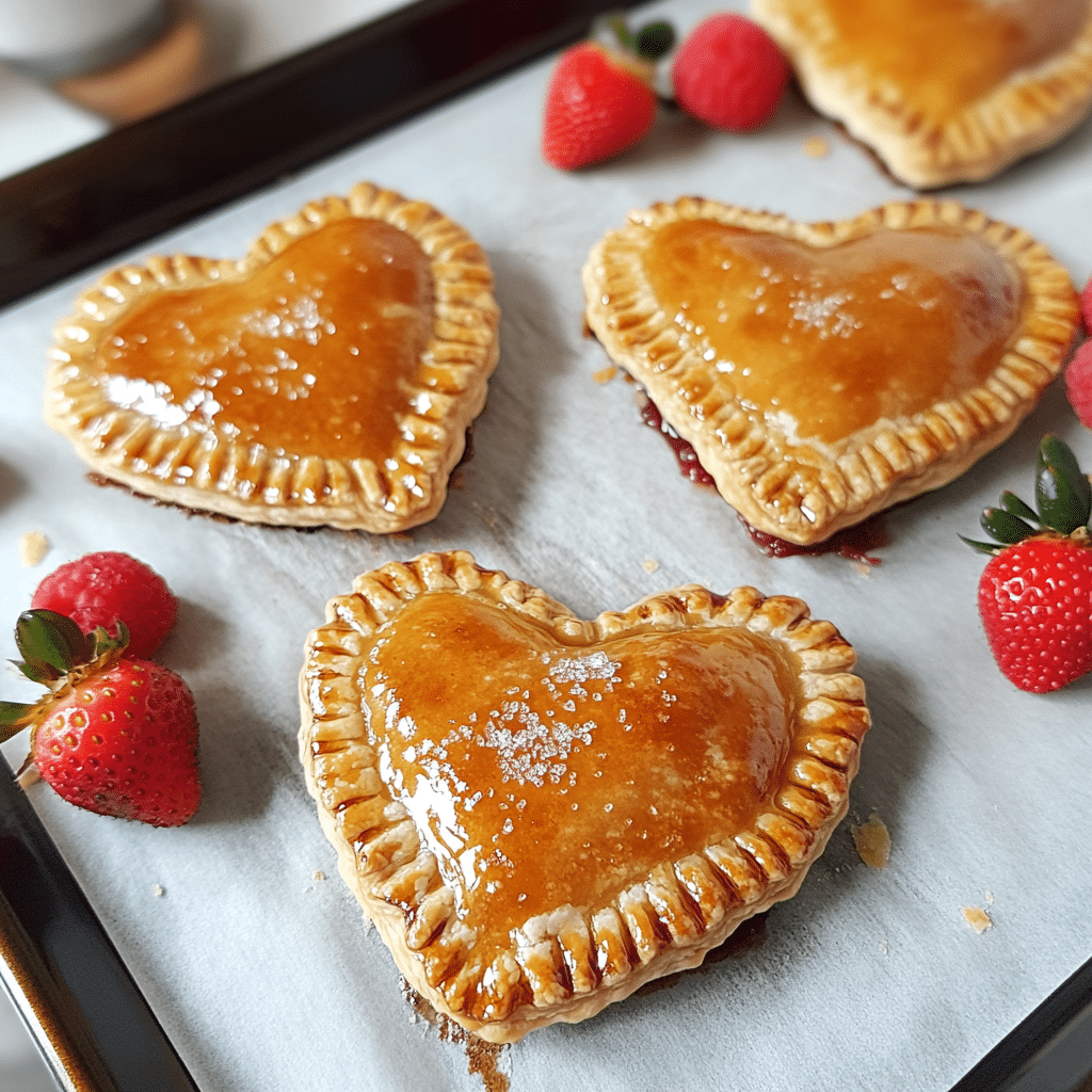 Heart shaped hand pies on a baking sheet with golden crust, sugar topping, and berry filling peeking out