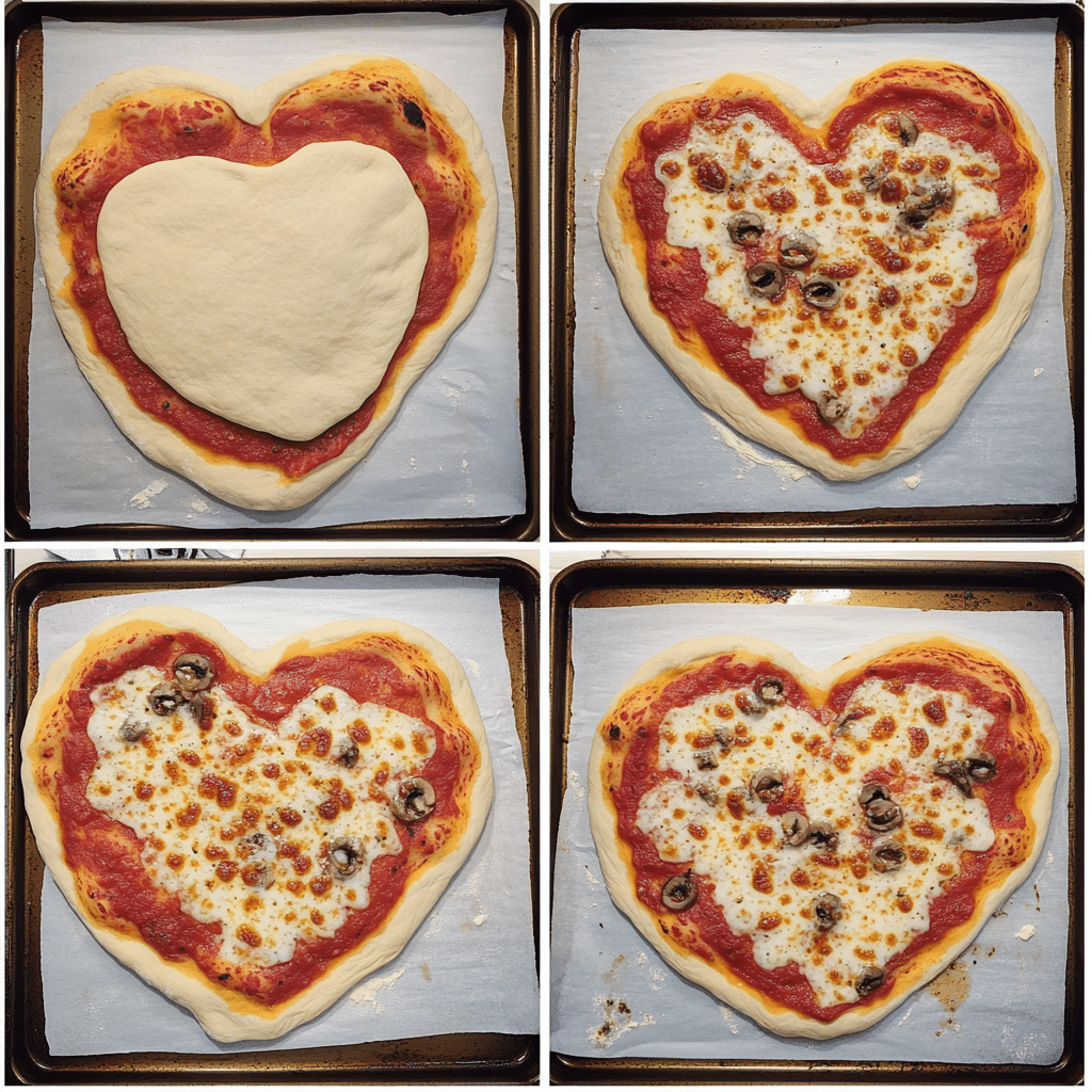 Four-panel collage showing shaping dough into a heart, topping with sauce and cheese, and baked heart pizza