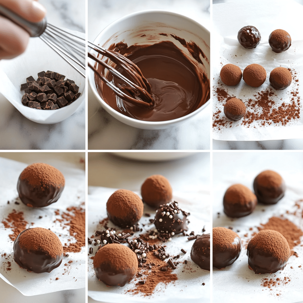 Four-panel collage showing pouring cream over chocolate, whisking ganache, scooping chilled mounds, and coating truffles