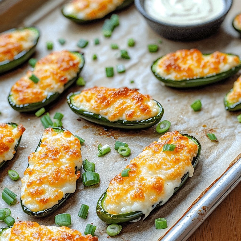 Overhead view of jalapeÃ±o poppers with cheese filling and crispy topping on a baking sheet with ranch dip