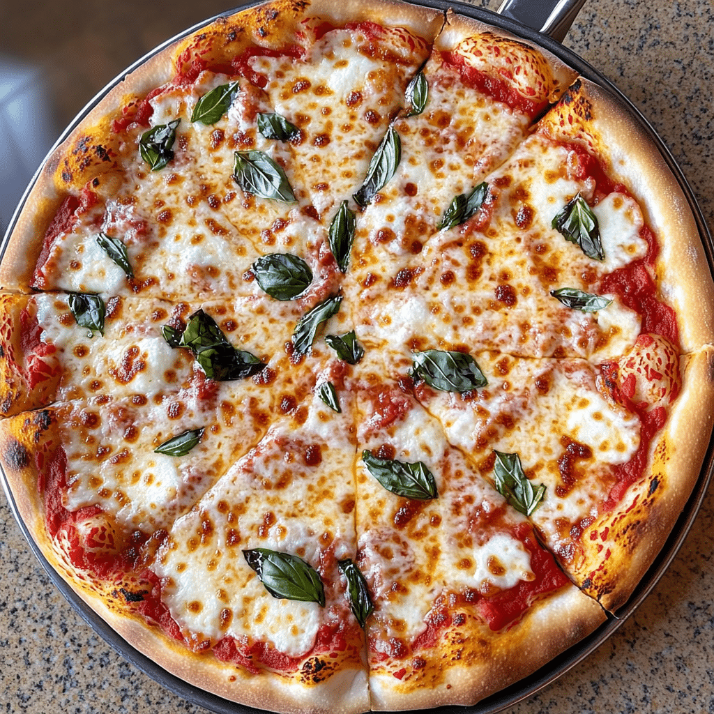 Homemade mozzarella pizza with tomato sauce and melted mozzarella topped with basil