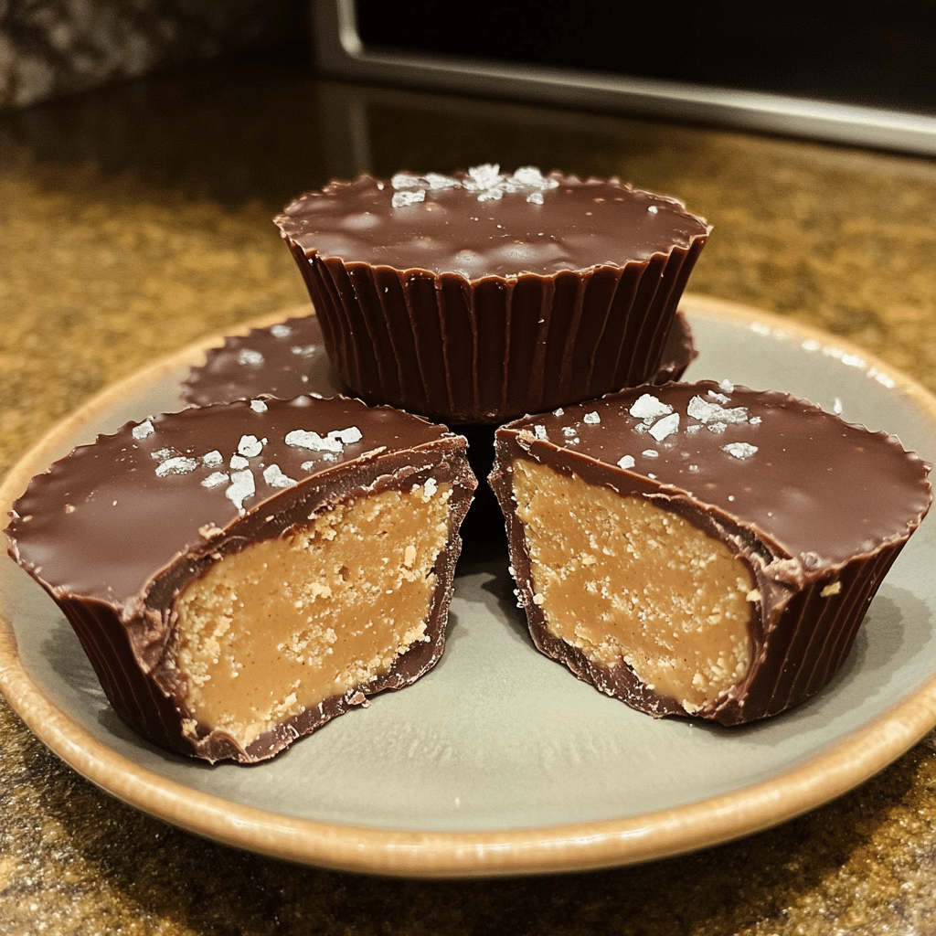 Homemade peanut butter cups on a plate with one cut open showing peanut butter filling
