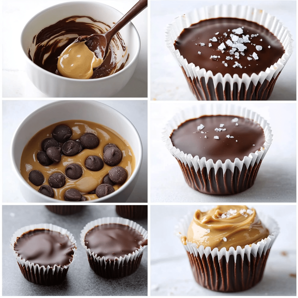 Four-panel collage showing melted chocolate, chocolate in liners, peanut butter filling mixed, and cups topped with chocolate