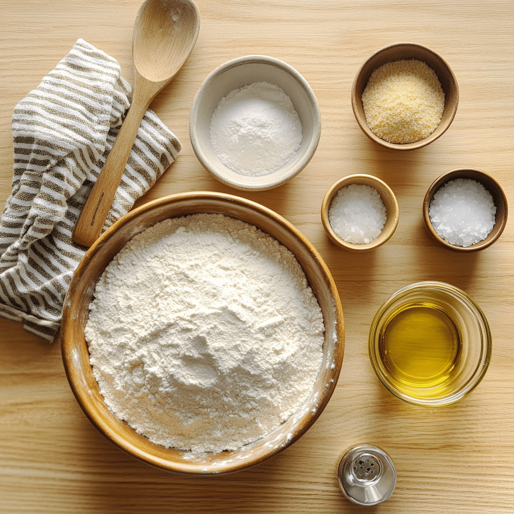 Overhead view of flour, yeast, warm water, sugar, salt, olive oil, and cornmeal on a wooden counter.