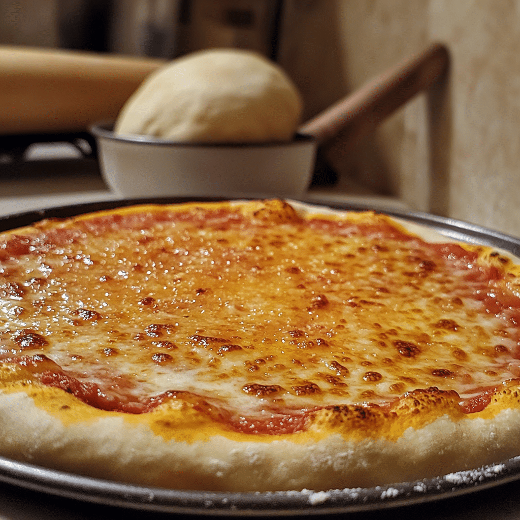 Golden homemade pizza crust on a pizza pan with airy edges