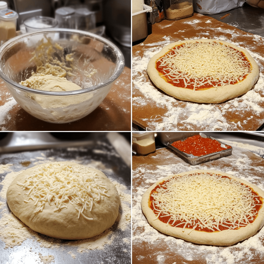 Four photo collage showing yeast mixture, kneading dough, risen dough, and stretching pizza crust.
