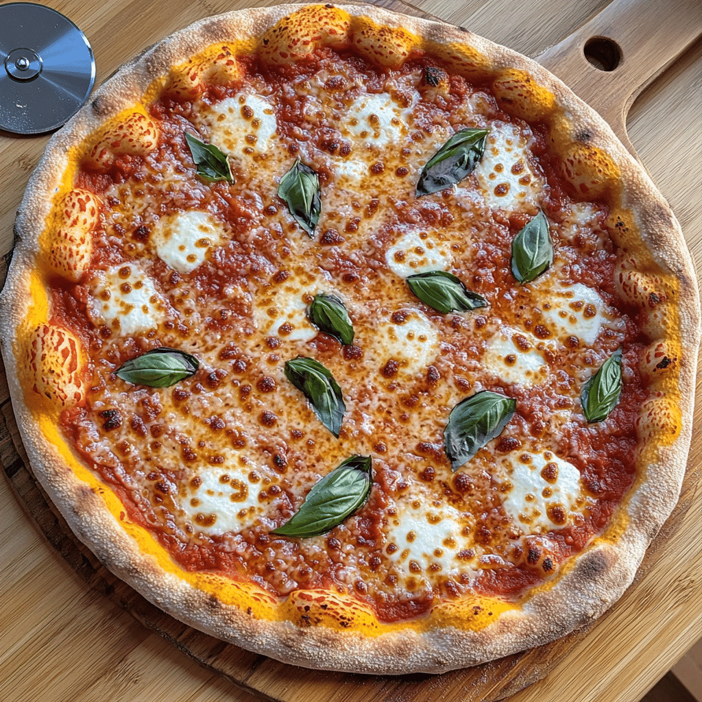 Homemade pizza with golden bubbly crust, melted cheese, and basil on a wooden peel.