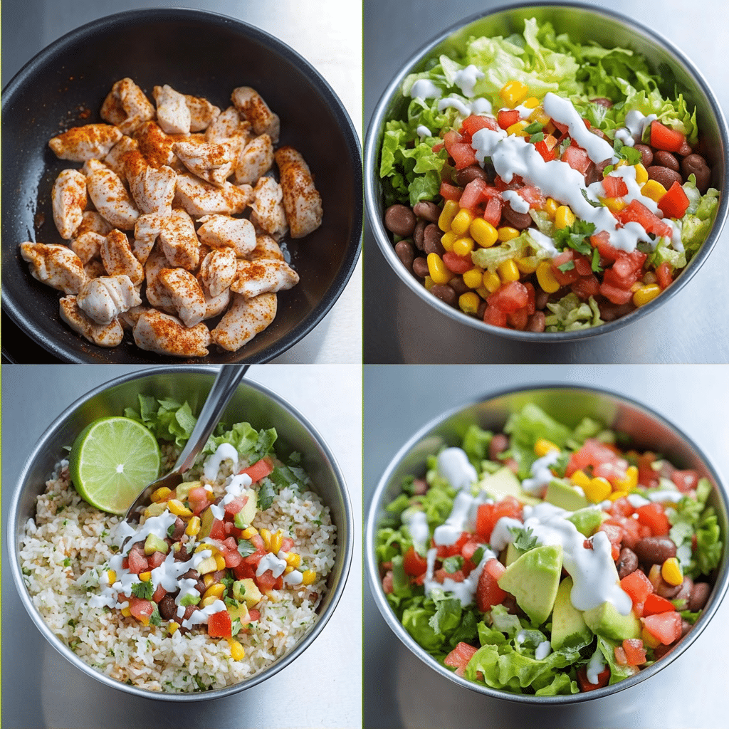 Four-step collage showing seasoning chicken, cooking chicken, fluffing cilantro-lime rice, and assembling burrito bowls.