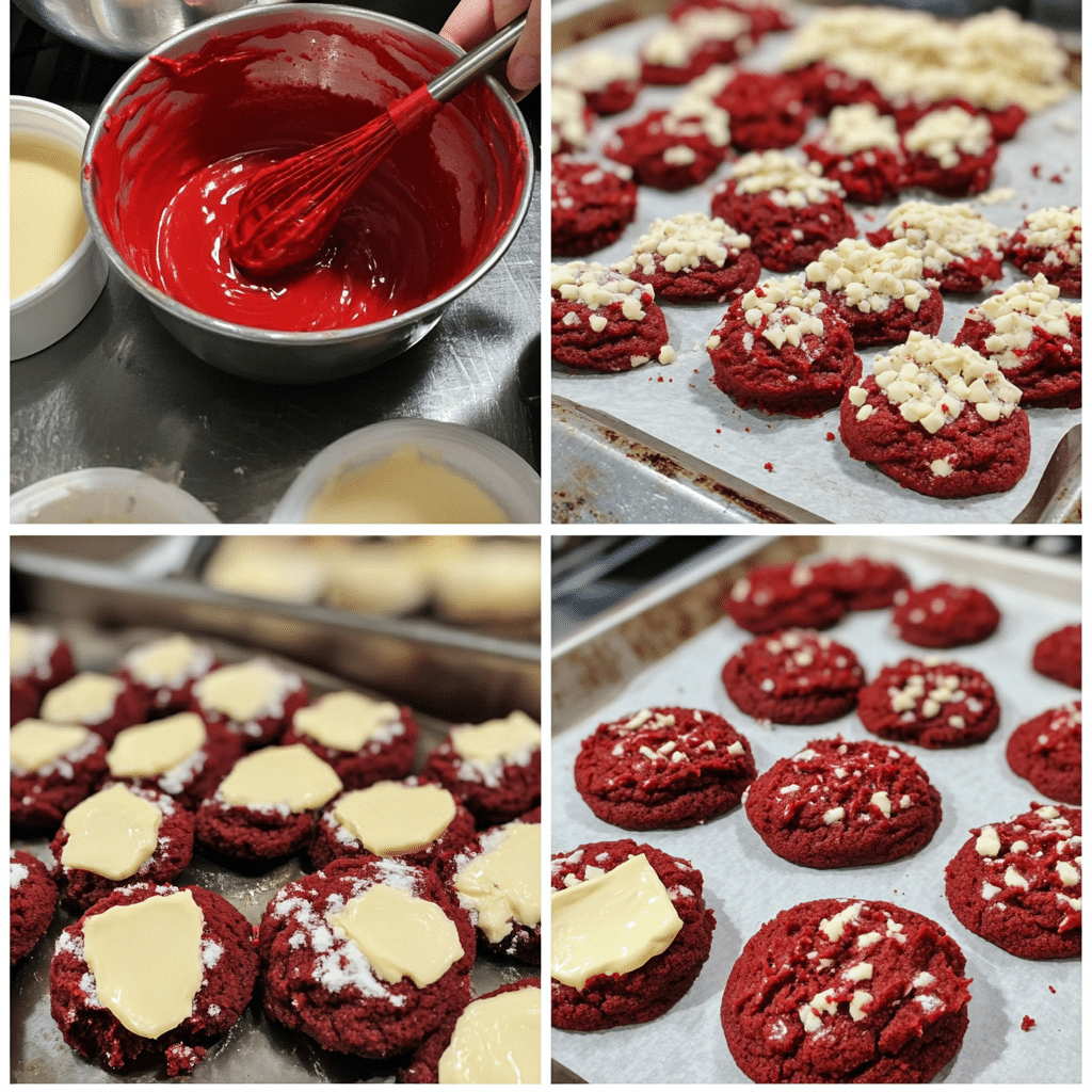 four-step collage of mixing and baking red velvet cookies