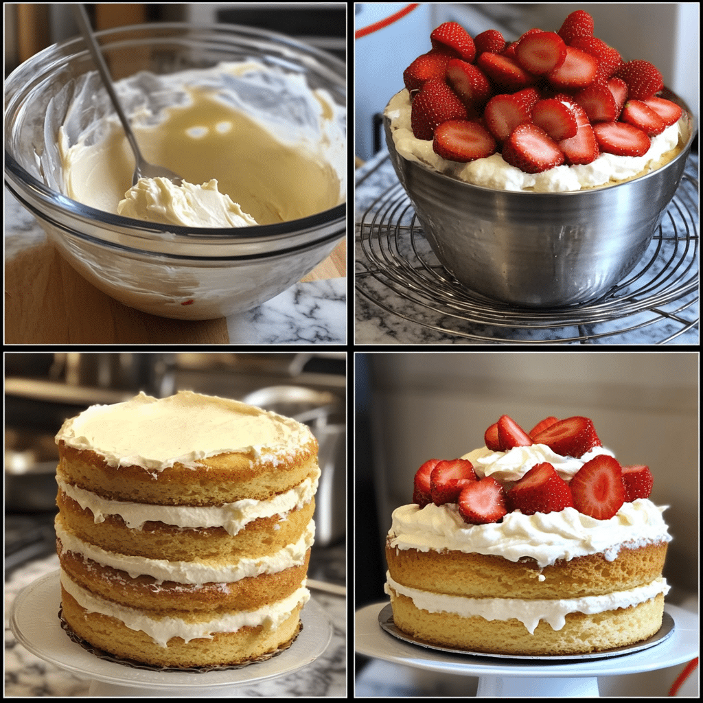 Four panel collage showing batter mixing, cake layers cooling, whipping frosting, and assembling strawberry shortcake layer cake.