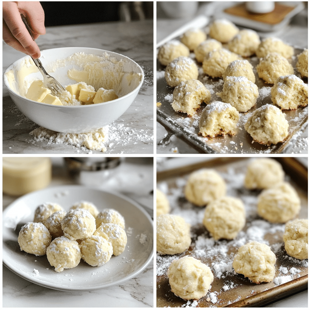 four-step collage of making sugar cookies from mixing to baking