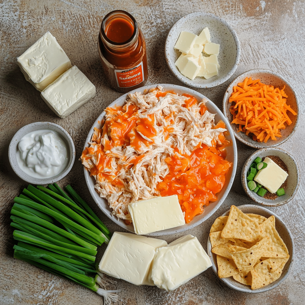 Flat lay of shredded chicken, cream cheese, shredded cheese, buffalo sauce, ranch, and seasonings on a counter