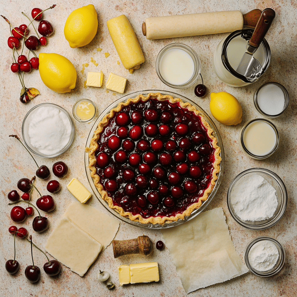 Cherry pie ingredients including fresh cherries, sugar, cornstarch, lemon juice, vanilla, almond extract, pie crust, and egg wash