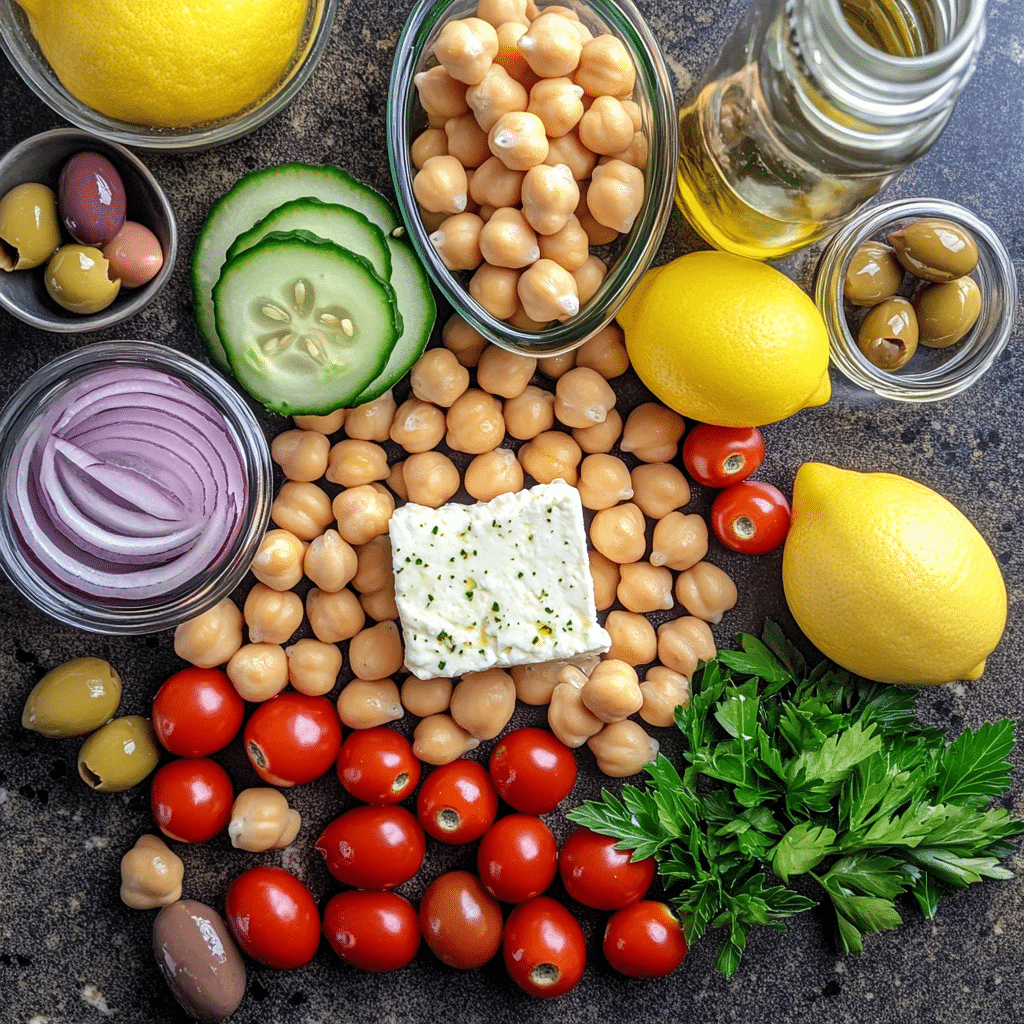 Chickpea feta salad ingredients including chickpeas, cucumber, tomatoes, olives, feta, lemon, and olive oil