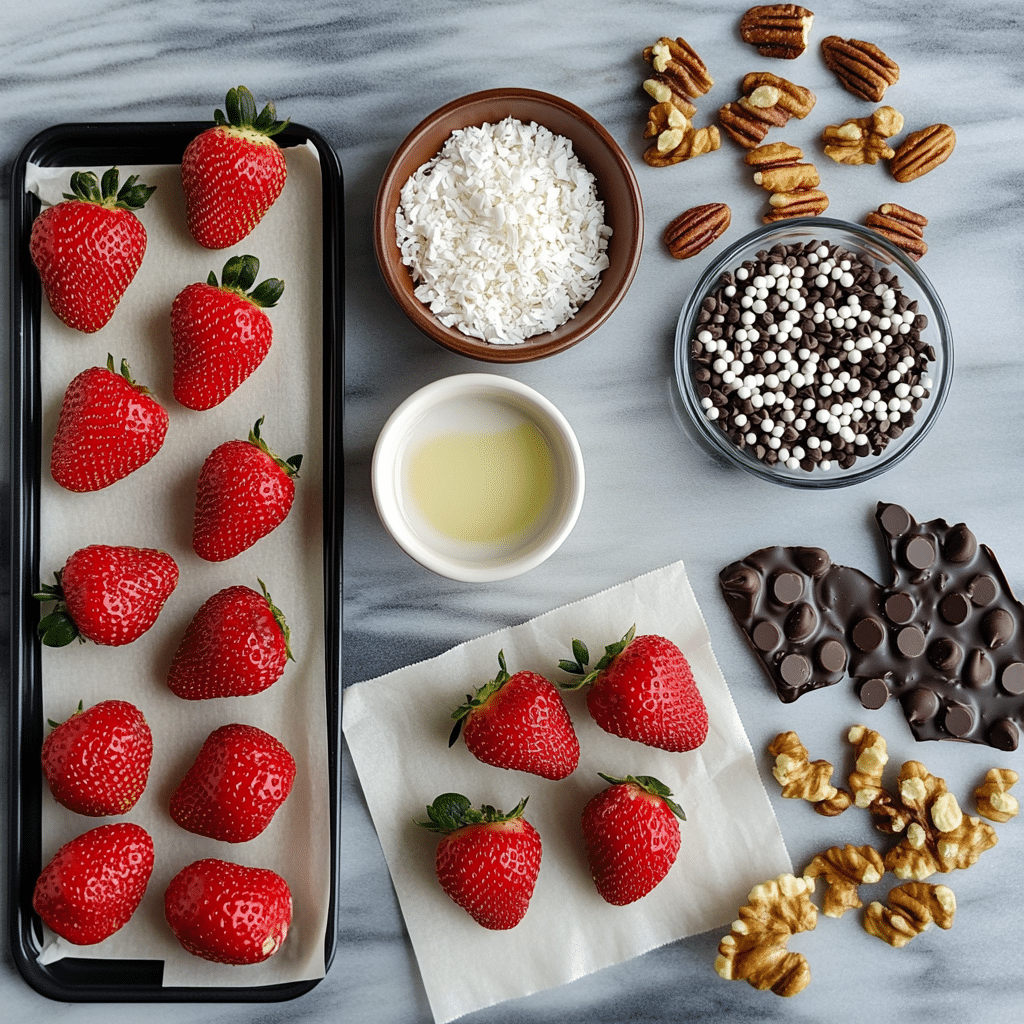 Flat lay of strawberries, chocolate, toppings, and parchment paper for chocolate covered strawberries