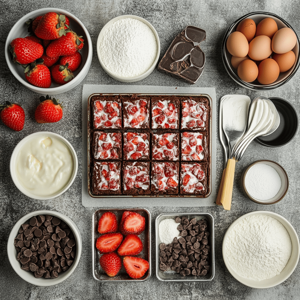 Ingredients for chocolate covered strawberry brownies including brownie batter items, strawberries, frosting ingredients, and chocolate chips