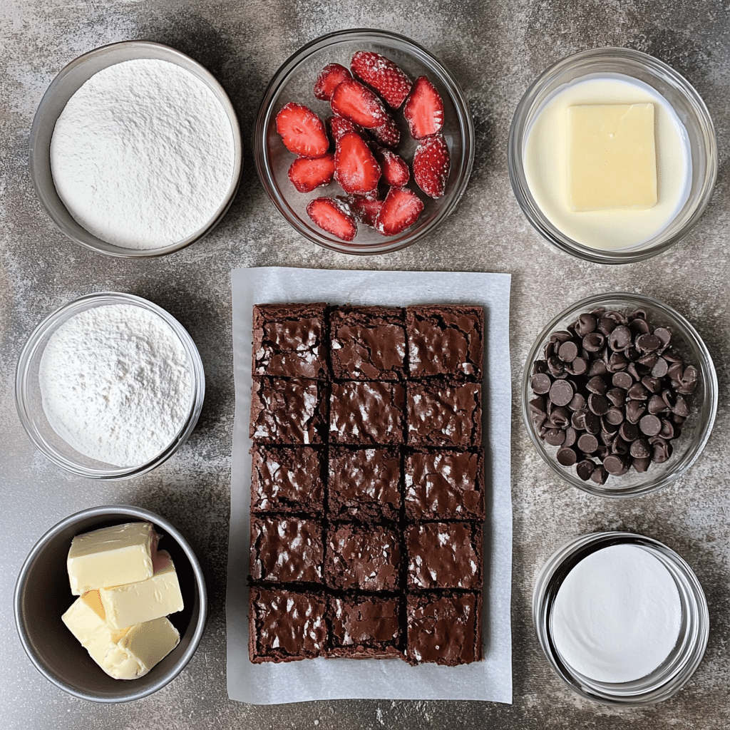 Ingredients for chocolate covered strawberry brownies including cocoa, eggs, sugar, freeze-dried strawberries, powdered sugar, and chocolate chips