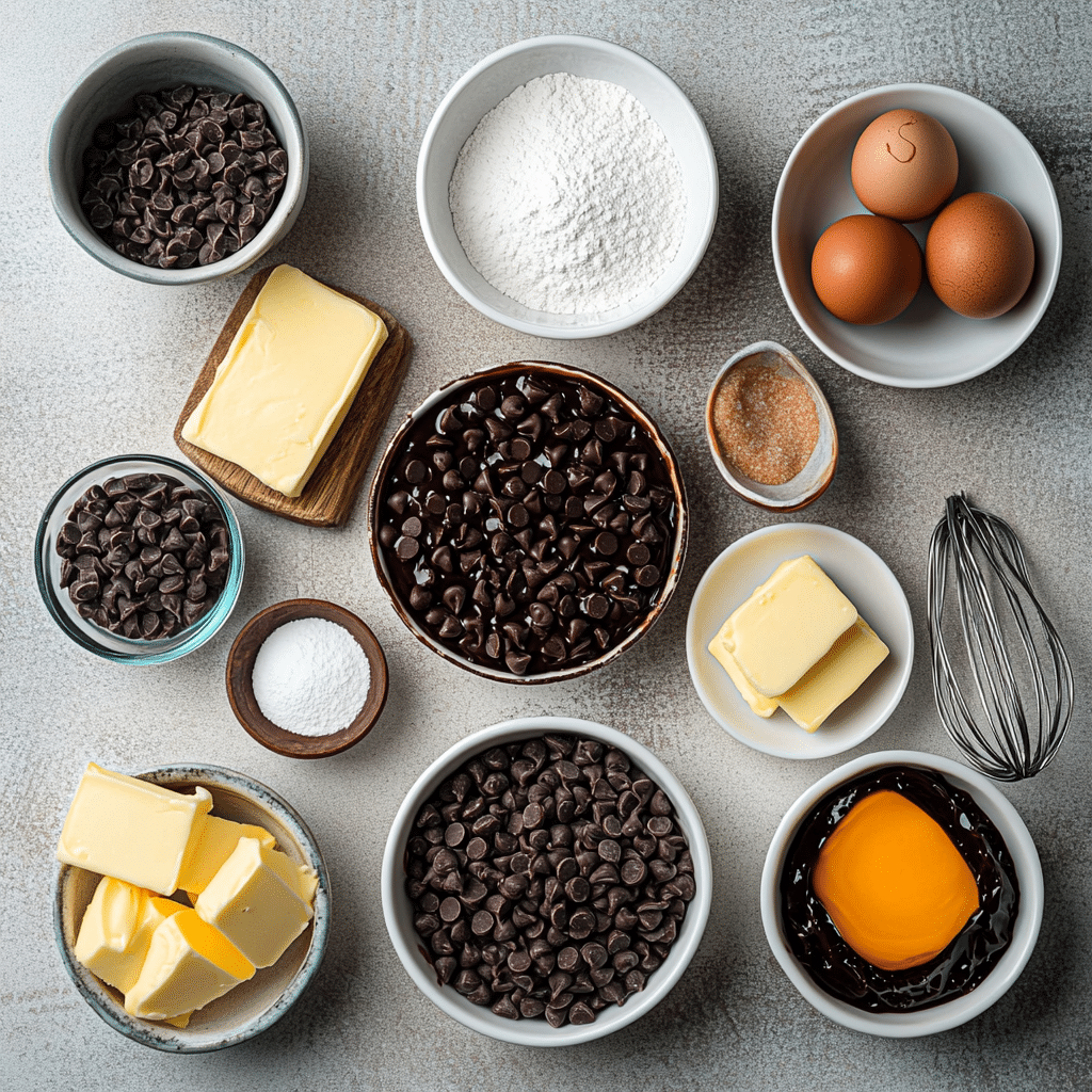 Flat lay of chocolate, butter, eggs, sugar, flour, vanilla, salt, and ramekins for chocolate lava cakes