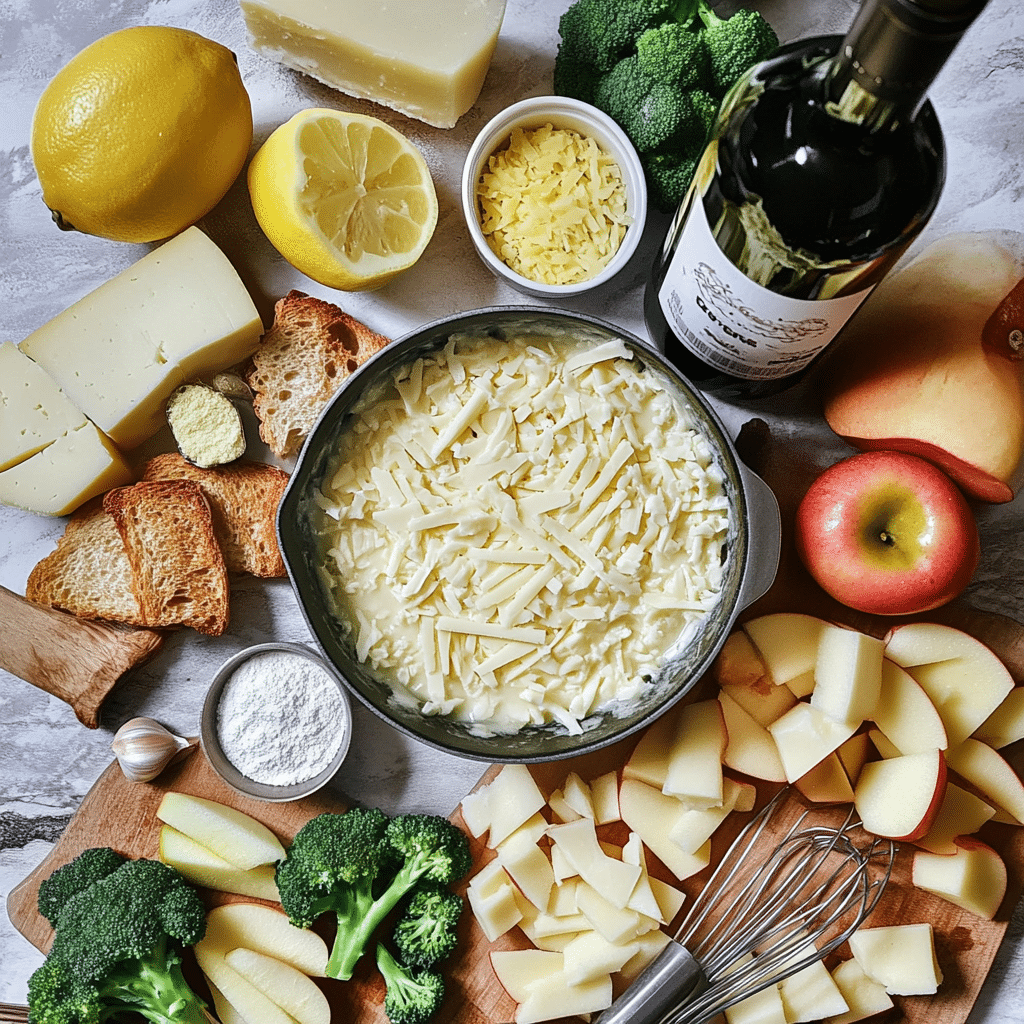 Ingredients for cheese fondue including gruyere, swiss cheese, cornstarch, garlic, white wine, and dippers