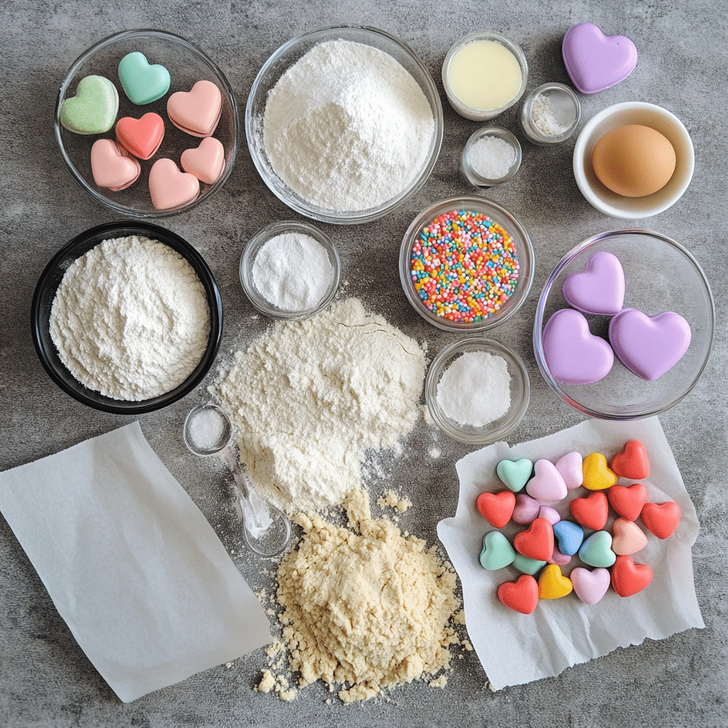 Ingredients for conversation heart cookies including flour, butter, sugar, vanilla, and conversation heart candies
